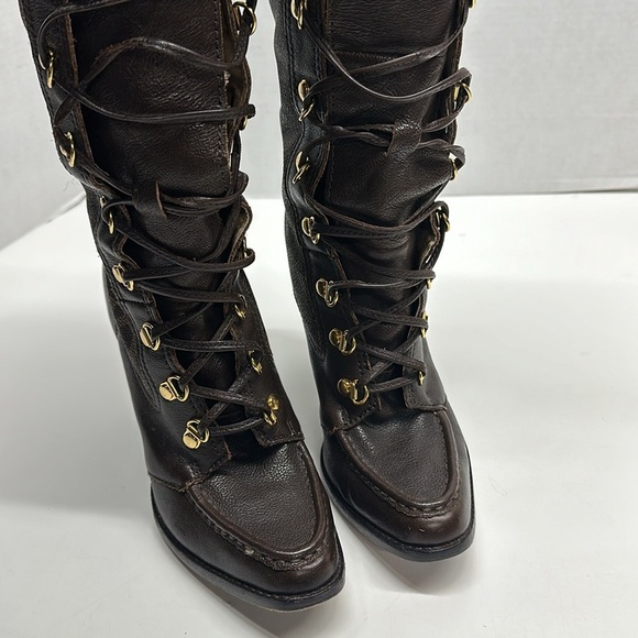 Michael Kors Warrior Lace Up High Heels Leather Tall Boots Sherpa Brown Size 6.5 - Picture 8 of 12